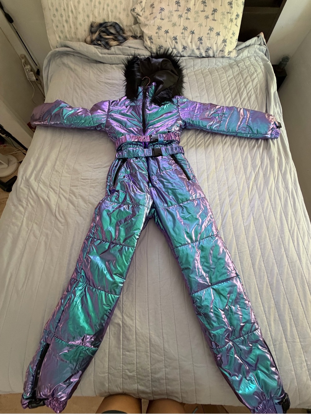 Dolls Kill Iridescent Puffer One-Piece Ski Suit - Purple/Teal